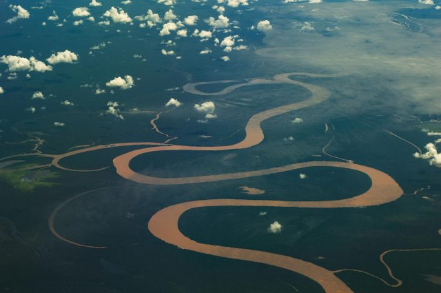 Aerial view of Amazon rainforest showing Amazon River.