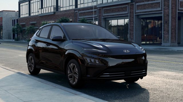 Black Hyundai Kona Electric vehicle, a small SUV