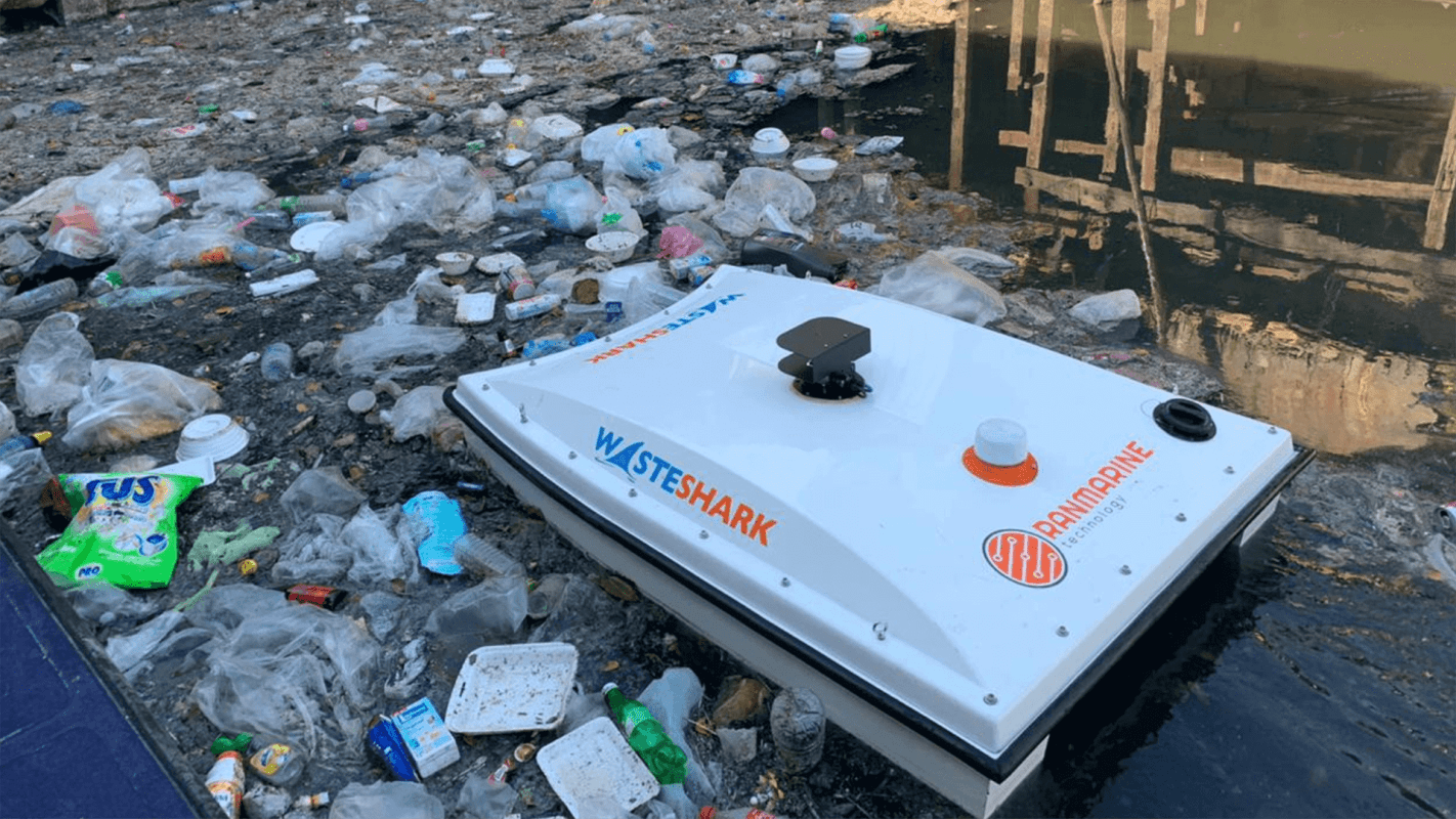 The WasteShark eating what it can of the huge amount of plastic