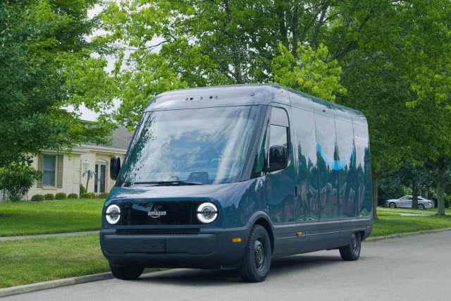 Front View of Amazon's new electric Rivian delivery trucks 