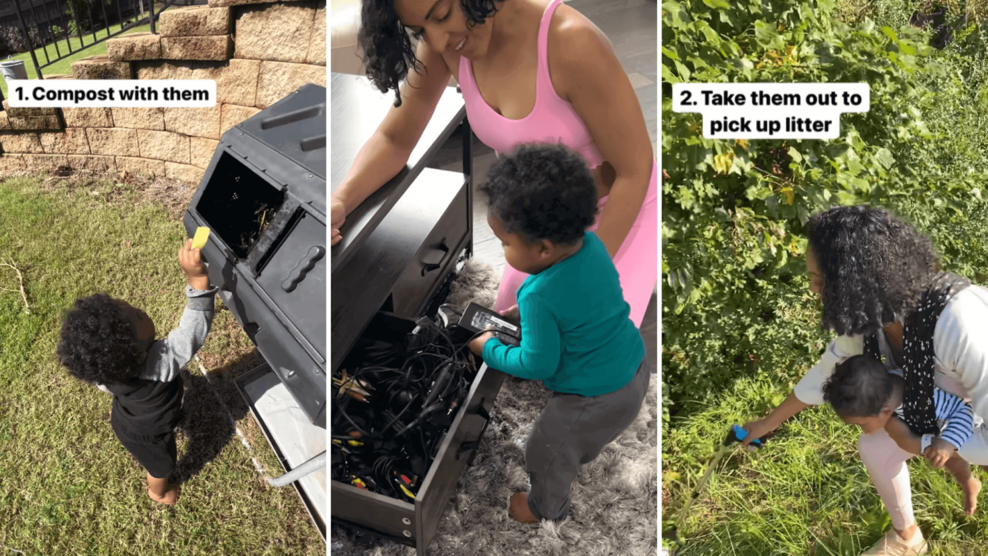 Renne shows her son recycling and composting. Teach kids to recycle