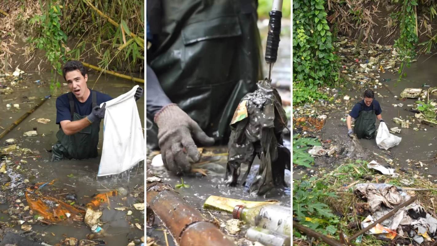 Cleaning trash from rivers in Bali; cleaning up rivers in Bali