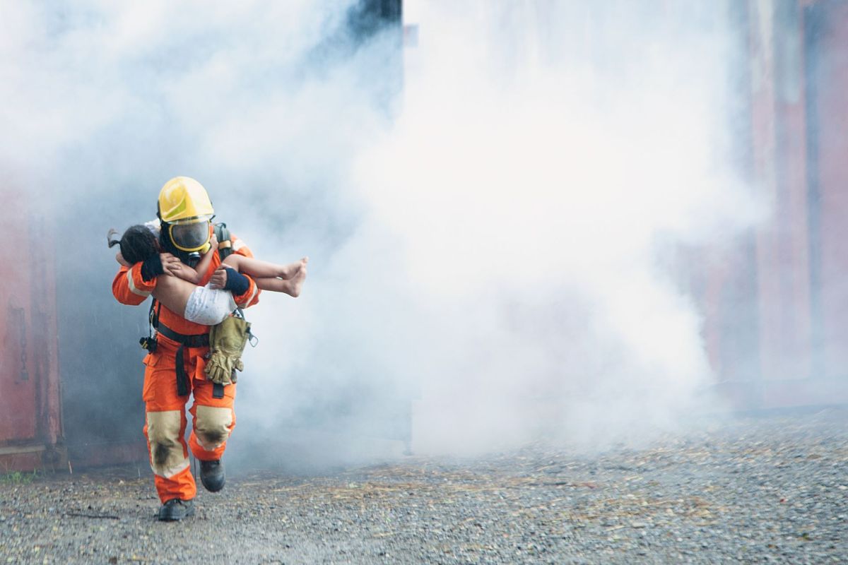 Firefighter wearing AI-powered helmet