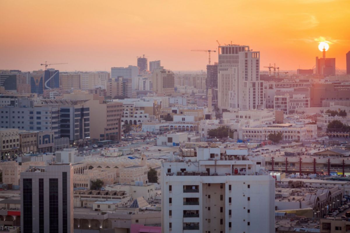 Panorama of Doha at sunset - aerial view. Doha, Ad-Dawhah, Qatar.