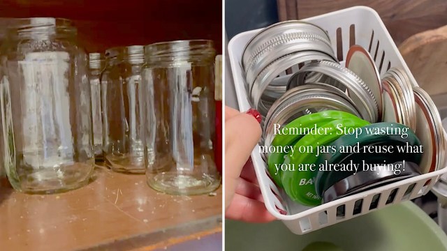 She keeps the glass jars that jams, sauces, and other kitchen essentials come in.