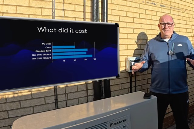 "Running this heat pump with solar and batteries compared to my old gas boiler is a saving of 78%."